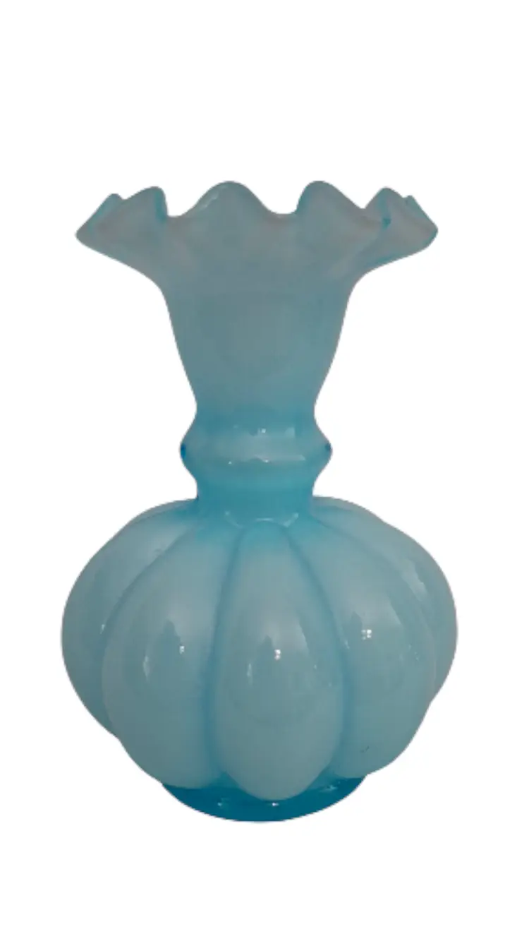 Fenton Blue Overlay Melon Vase • Ruffled Top Bud Vase • Vintage Opaline Art Glass • 4.5" Cottagecore Vanity Decor • Collectible Fenton Glass