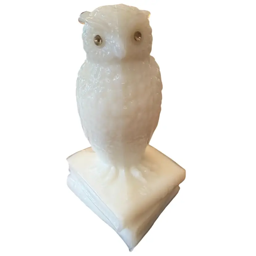 3.5" tall Vintage Westmoreland Art Milk Glass White Owl with Rhinestone Eyes