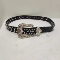 Western Rhinestone Studded Belt Black Faux Leather Crossed Pistols Size L 50119