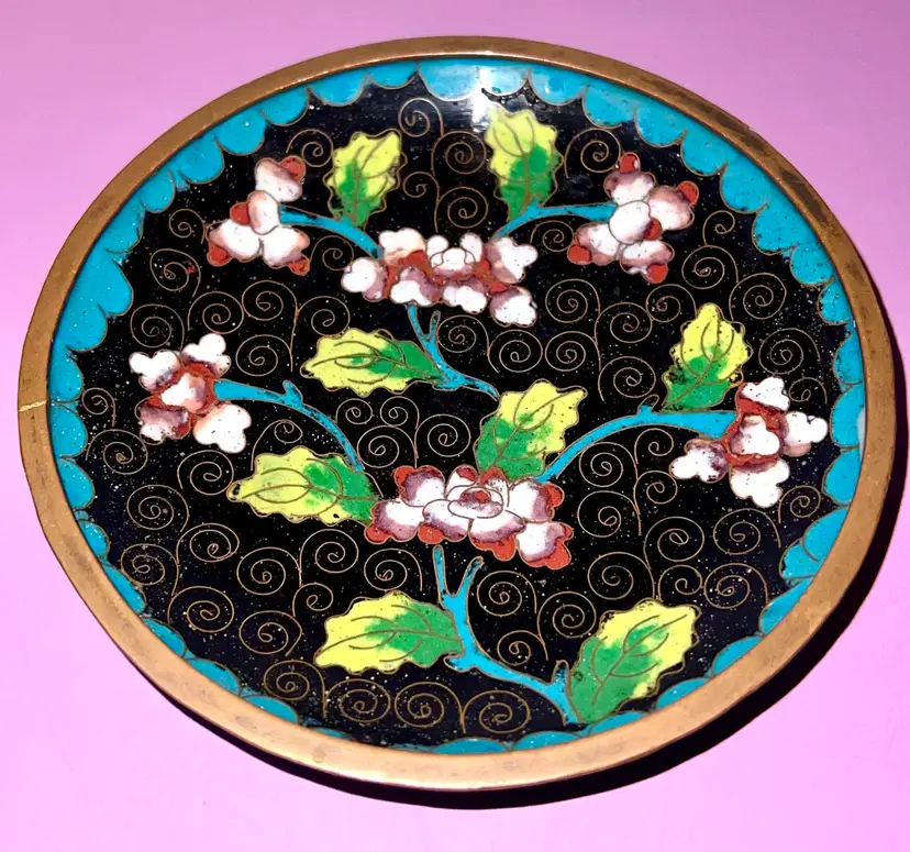 Vintage Chinese Cloisonné Navy And Floral 4 1/2” Enameled Trinket Dish Plate