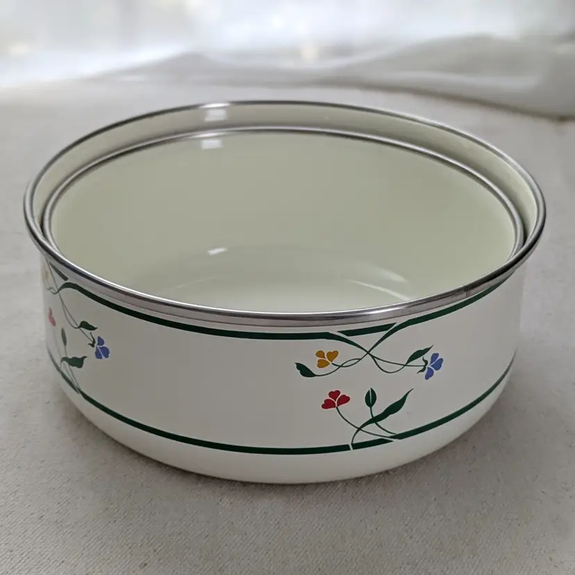 Vintage Enamel on Metal Bowl Set with Flower Pattern