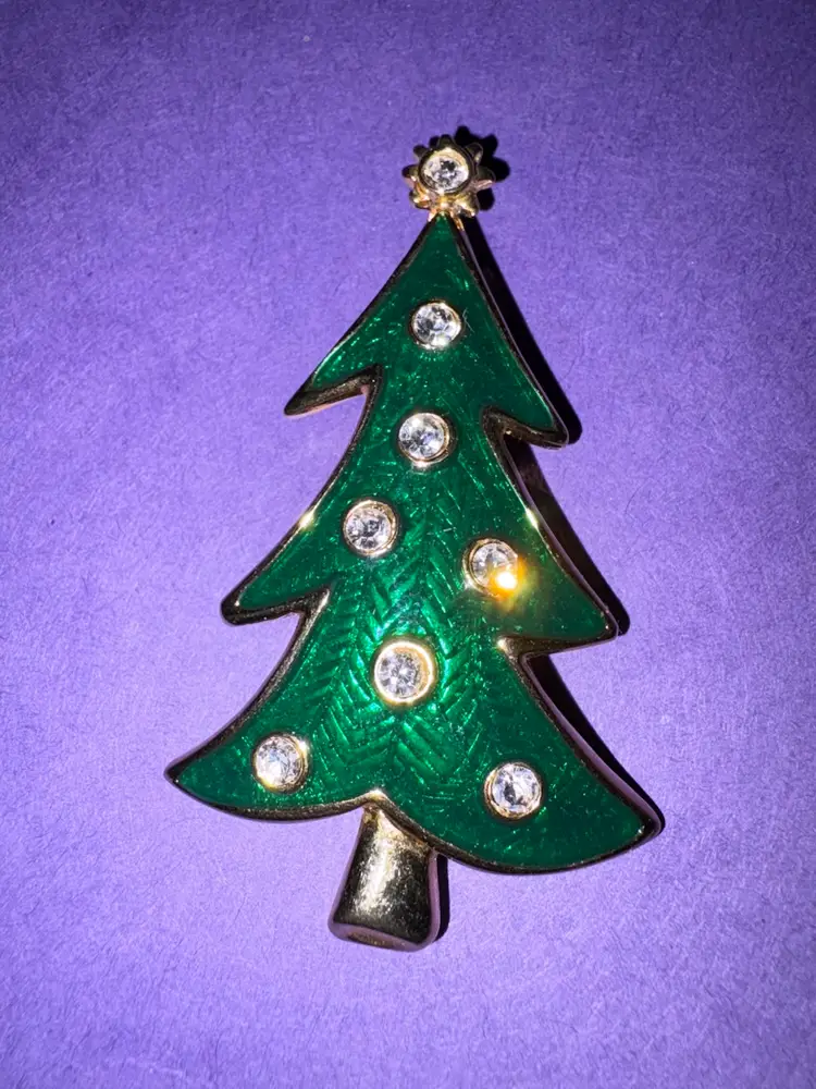 Vintage LIA Christmas Tree Brooch ~ Gold Tone With Clear Rhinestones And Green Enamel ~ EXCELLENT