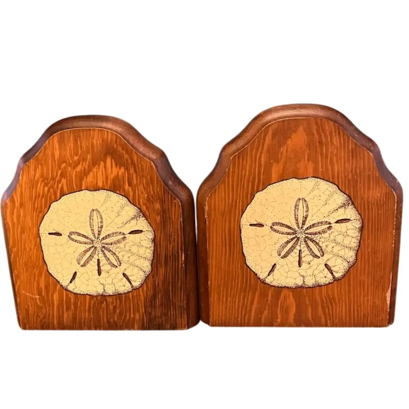 Set Of Vintage Wooden Bookends With Sanddollar Decals ~ 7”