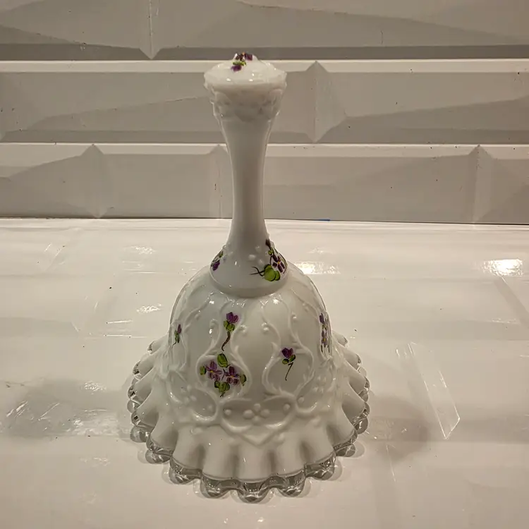 Vintage Fenton Milk Glass Ruffled Edge Violets in Snow Signed Handpainted Bell