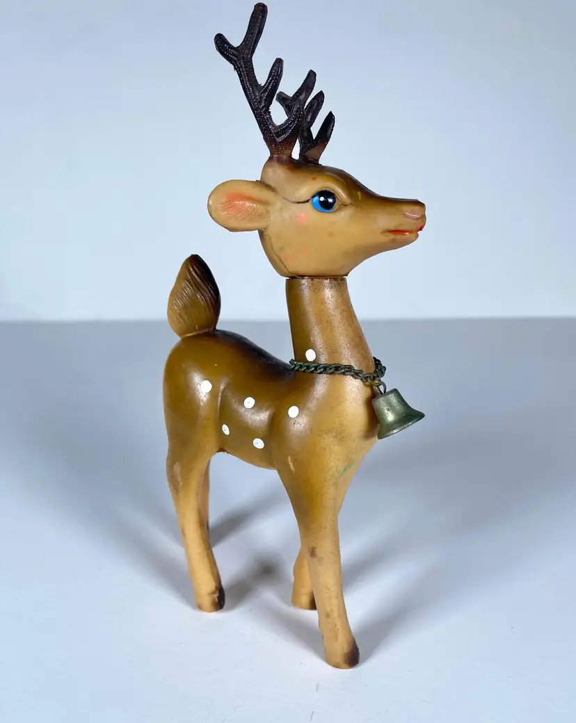 *VTG* Vinyl 1960’s Christmas Reindeer Figurine w/Bell, Swivel Head