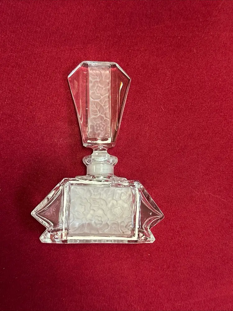 Vintage Crystal Clear Frosted Flower Paneled Glass 6” Perfume Bottle w/Stopper
