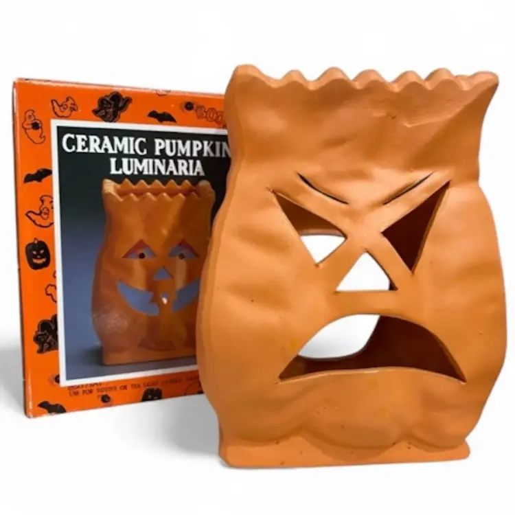 Vintage 1992 Ceramic Pumpkin Luminary Jack O Lantern Tea Candle Holder *Read*