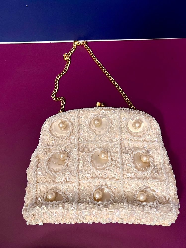 Vintage Ivory Beaded Sequined Small Purse With Chain