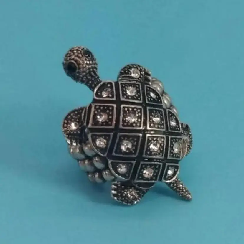 Vintage Marcasite And Rhinestone Turtle Ring, With Elastic Expandable Links