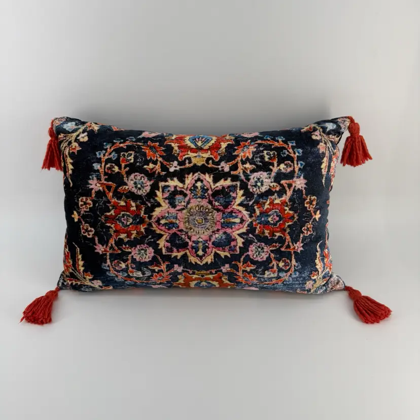 Soft Rectangle Indian Rug Pillow Decorative Floral Motifs & Tassels Blue Coral
