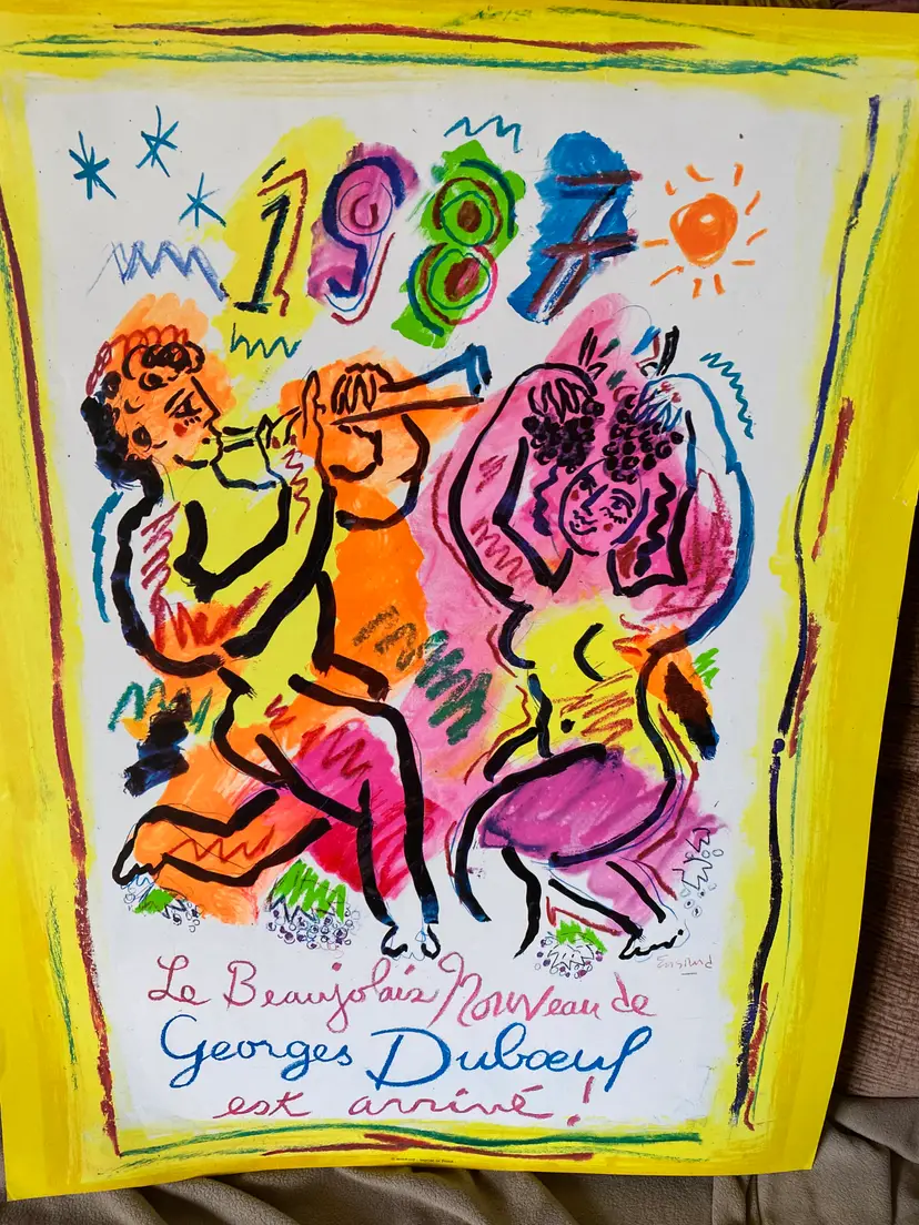 Le Beaujolais Nouveau de Georges Duboeuf est arrive - neon colored - good condition - 19 1/2 wide x 25 1/2 tall