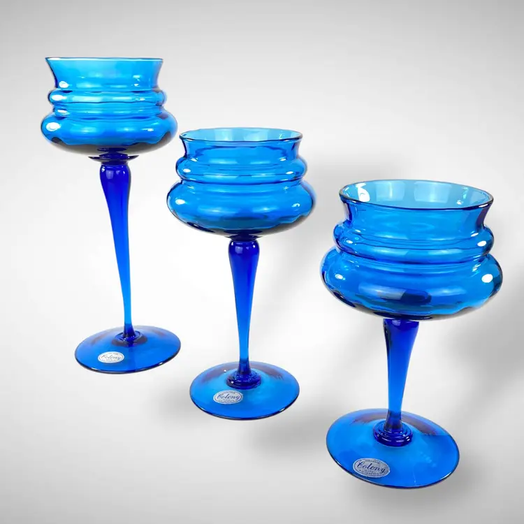Colony Italy Blue Glass Compotes Set of 3 MCM Decor Peacock Blue PD Imports