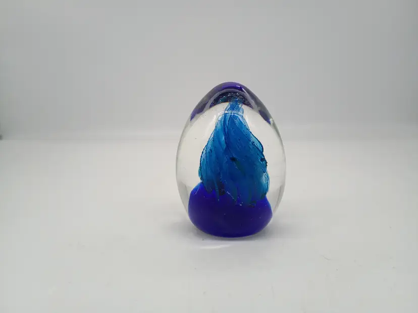 Gorgeous Glass Hand Blown Art Glass Egg Paperweight 2 Tone Blue  Cobalt and Peacock Blues Swirl Tornado
