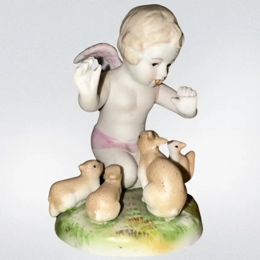 Lamure China Angel & Bunnies Figurine Made In Occupied Japan 4”