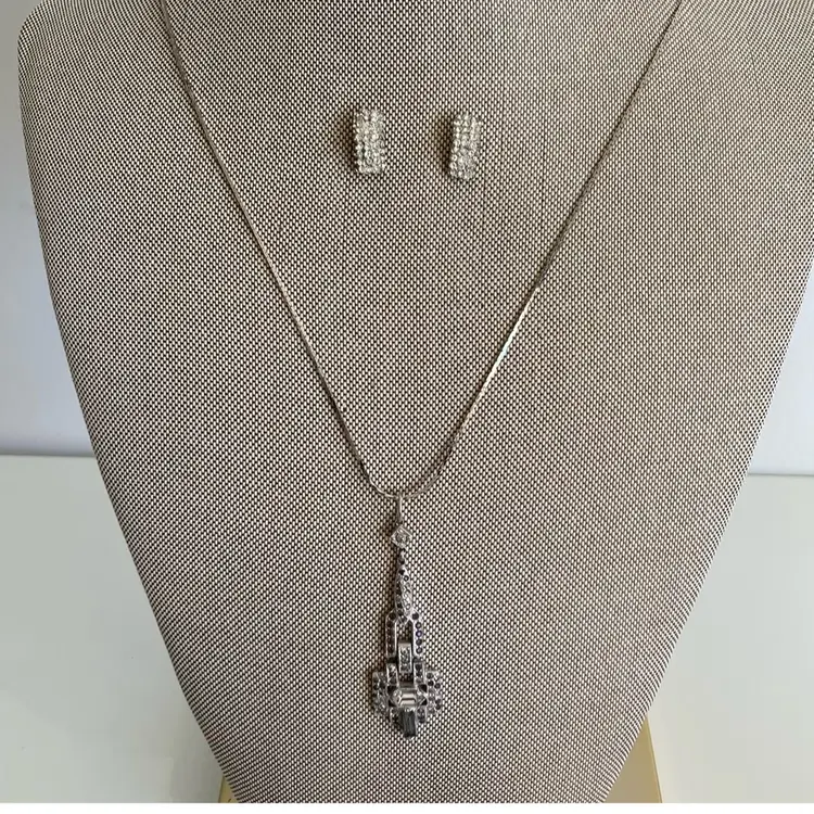 Vintage Art Deco silver pendant necklace with crystal accents With Matching Earrings