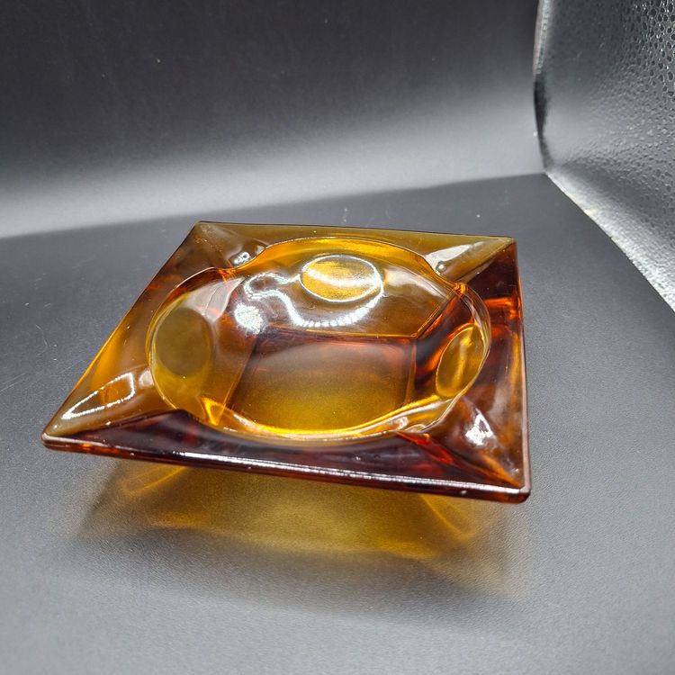 Vintage Amber Glass Ashtray Square Mid-Century Modern Design
