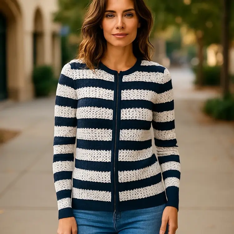 NWT Rondina New York Navy & White Striped Open-Knit Cardigan – Size XS, $235 Retail