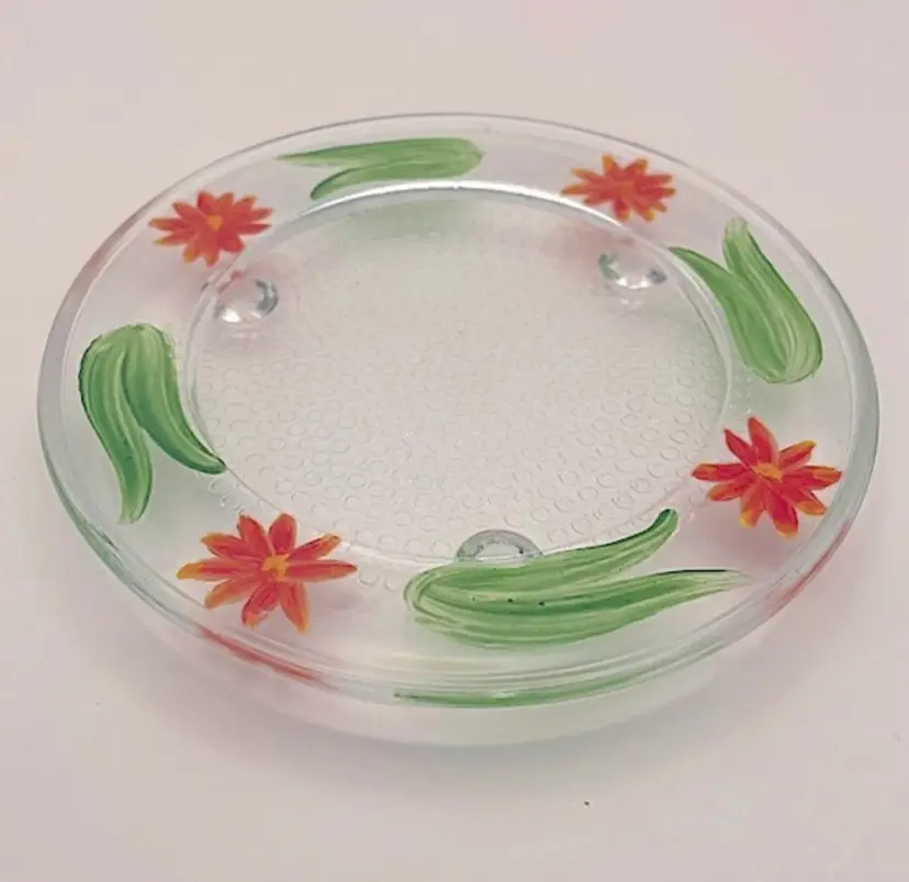 Hand Painted, Orange Flowers and Green Leaves, Clear Glass, Plant Stand, Candle Stand with 3 little feet. 4.5” in diameter. Very Cute!