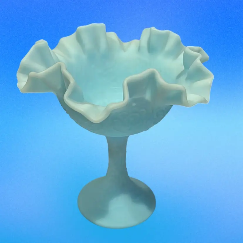 Fenton Blue Satin Glass Ruffled Persian Medallion Patten Compote