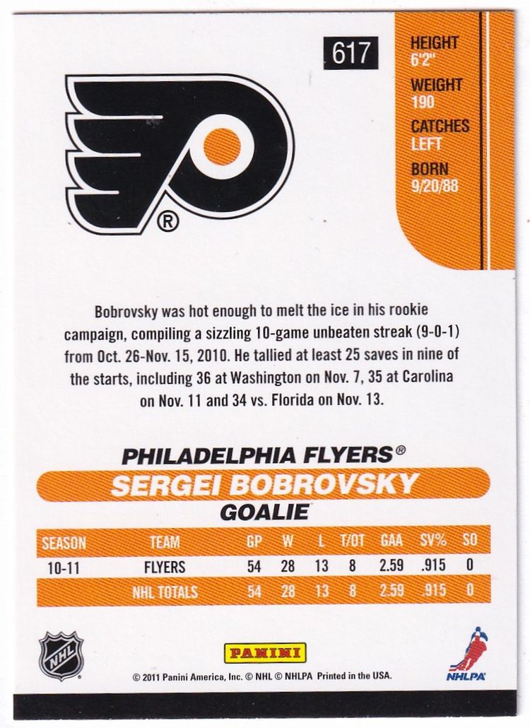 2010-11 Score #617 Sergei Bobrovsky RC Philadelphia Flyers Hockey Card