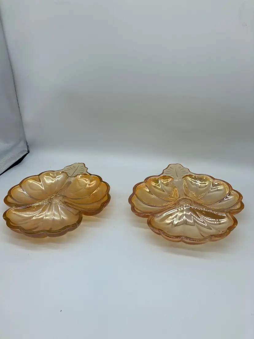 Iridescent Amber Carnival Glass Jeannette Clover Shamrock Candy Nut Dishes