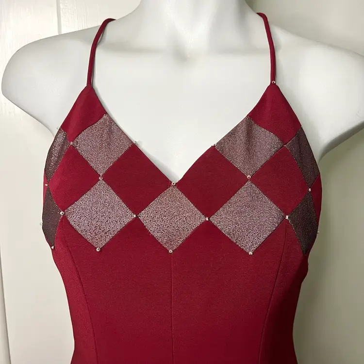 Vintage 90s Burgundy High Neck Harlequin Print Open Back Formal Maxi Prom Dress