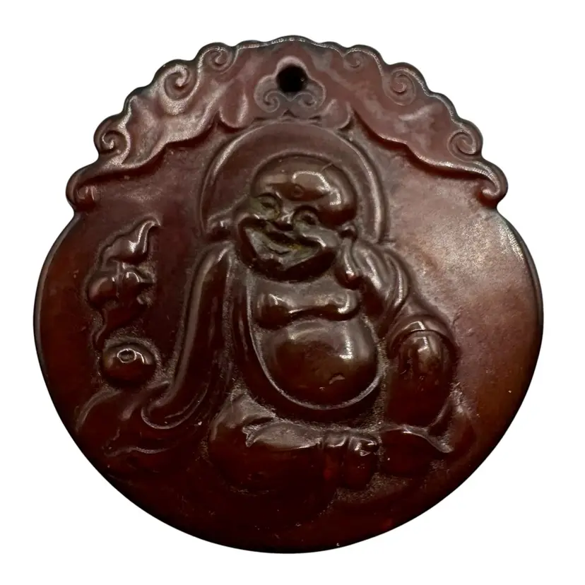 Vintage Carved Jade Stone Laughing Smiling Buddha Pendant Medallion Charm 1.75”