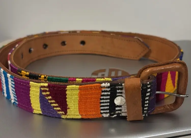 90s vintage handmade fabric belt, braided leather belt from Guatemala, upcycled leather belt