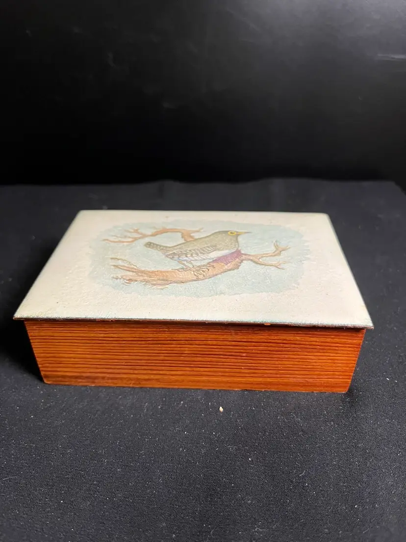 Hand Crafted and Painted Wooden Trinket Box w/ Metal Lid-It has Jenny Wren on It-Lot 53