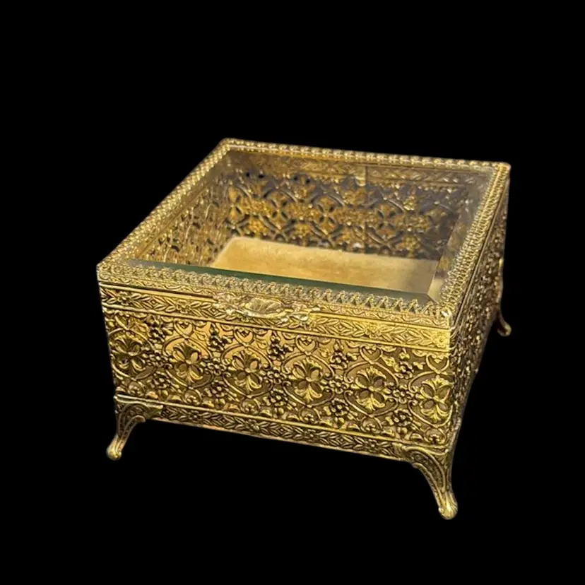 Vintage French Ormolu Beveled Glass Floral Gilt Filigree  Square Jewelry Box w/ Velvet Lining
2-3/4” T x 4-1/4” L x 4-1/4” W