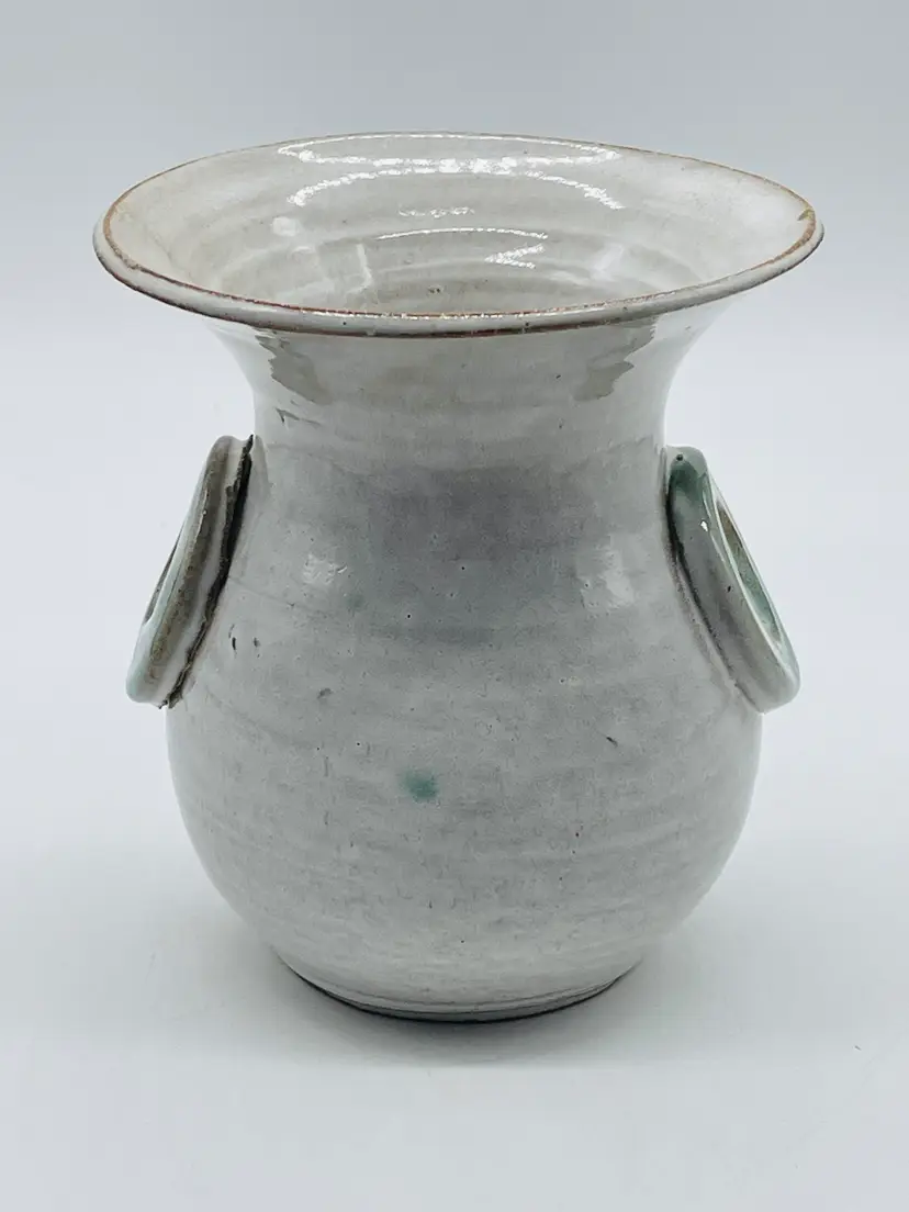Studio Pottery Vase White Glaze With Sage Colored Circle Accents