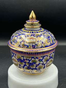 Thai Benjarong porcelain bowl with lid, pink, gold, and blue Florals
