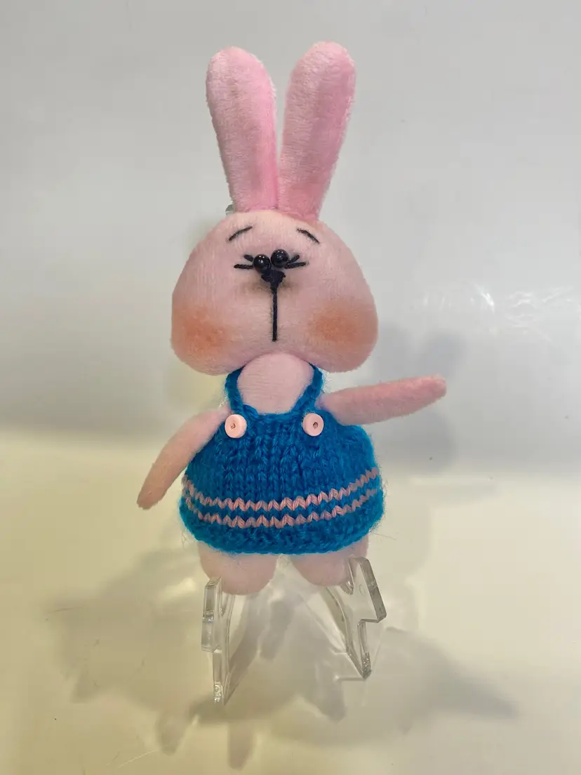 100% Handmade Plush Pink Bunny w/Sweater, 7 3/4" tall