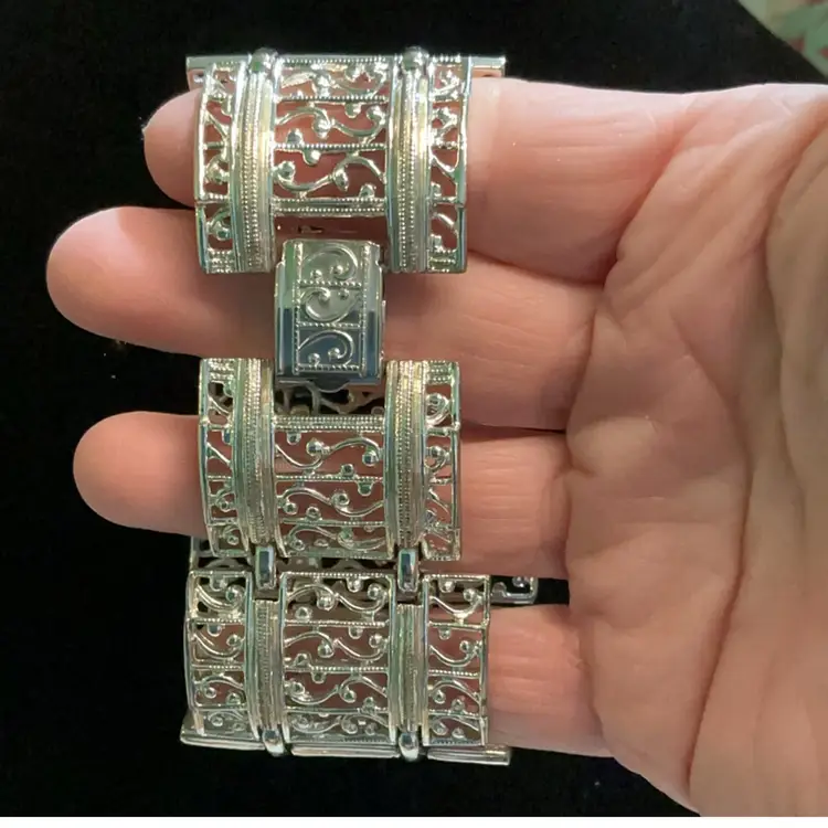 Modern Silvertone Wide Filigree Bracelet.