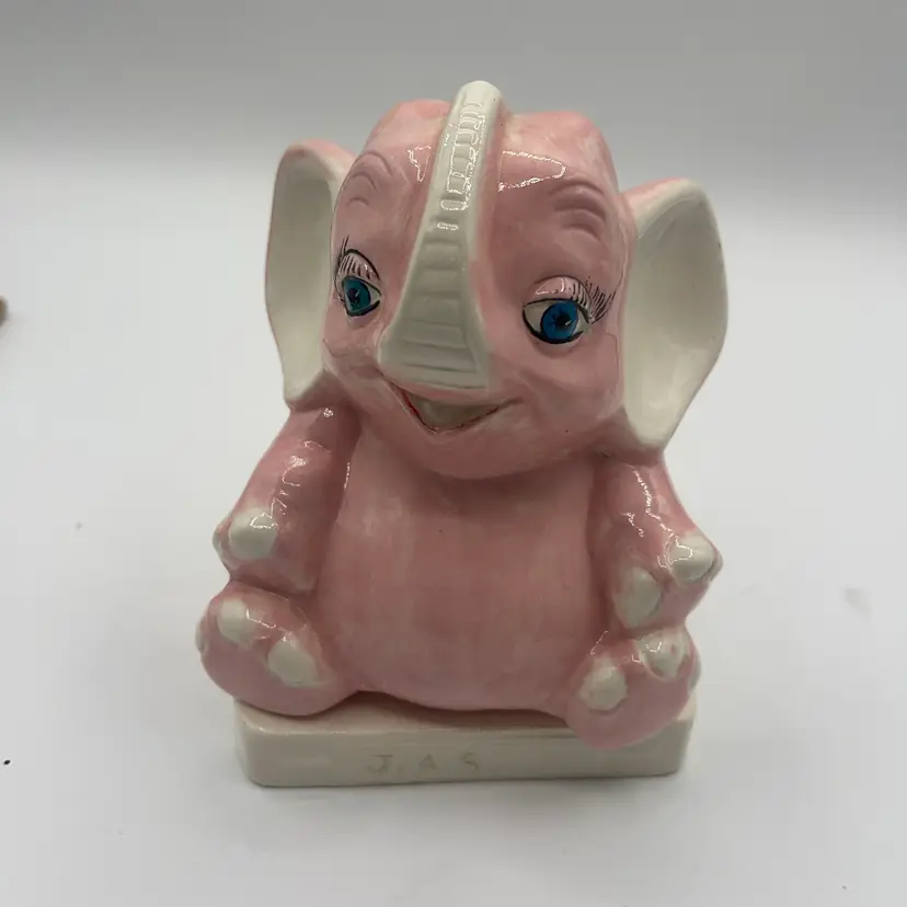 Ceramic White & Pink Elephant Coin Bank Vintage