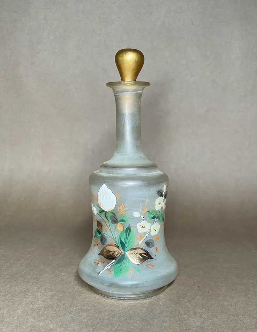 Frosted Hand Blown Hand Painted Floral Perfume Bottle Toilet Water Bottle with Stopper - VINTAGE