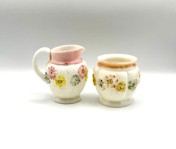 Antique 1800’s Consolidated Glass Cosmos Creamer and Sugar Bowl - Milk Glass.