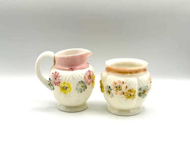 Antique 1800’s Consolidated Glass Cosmos Creamer and Sugar Bowl - Milk Glass.