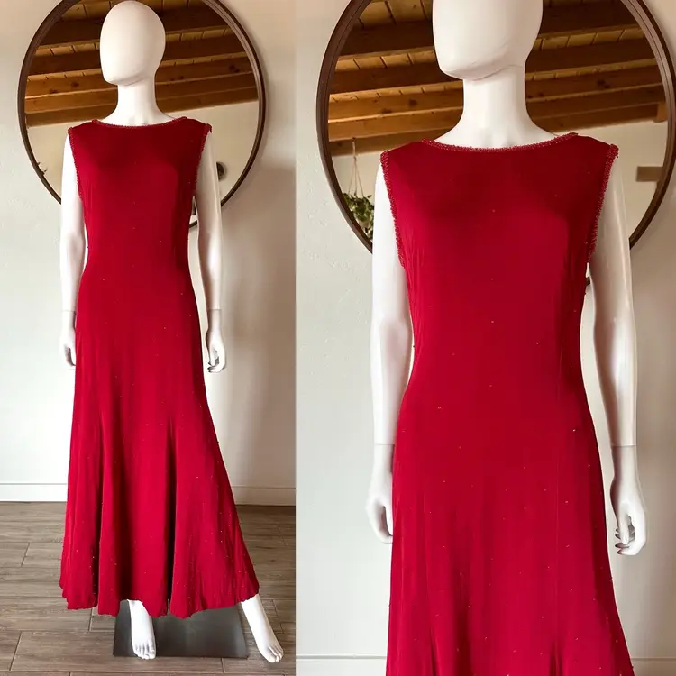 Vintage 60's Bespoke Formal Evening Gown Cardinal Red Beaded Sleeveless Column Dress Fits M-M/L