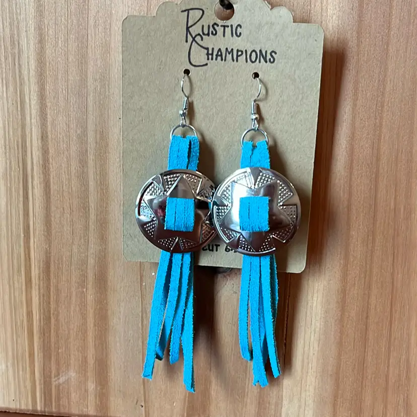 Faux Leather Turquoise Colored Concho Earrings 