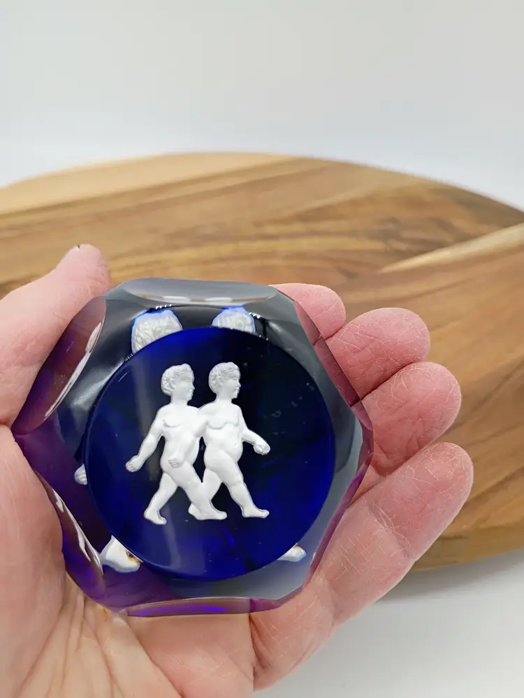 Vintage Baccarat Faceted Sulphide Cobalt Blue Base Crystal Paperweight Gemini Twins