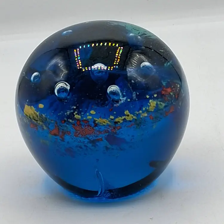 Vintage Cobalt Blue & Multi-Color Hand Blown Art Glass Paperweight