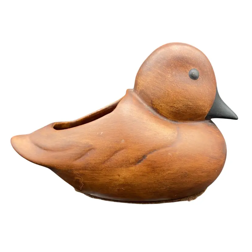 Vintage Brown Ceramic Duck Planter, 8", Felt Bottom