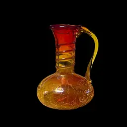 28. Vintage Crackle Glass Amberina Pitcher applied handle ringed Neck UV Glow 5-1/“ Tall