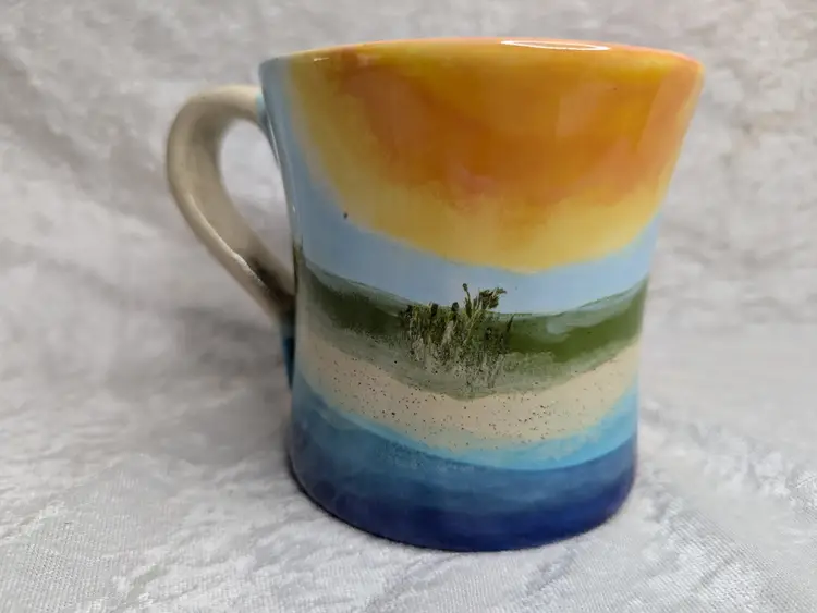 Glazed  Pottery Mug Blue Beige Beach Ocean Coffee Cup Hand Painted Scene Lg 4.75" Coastal