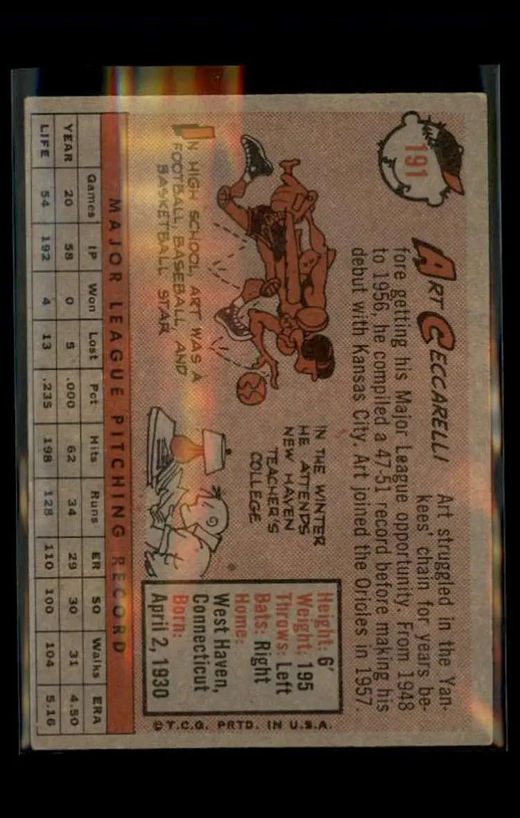 1958 Topps #191 Art Ceccarelli - (pk4) - Baltimore Orioles