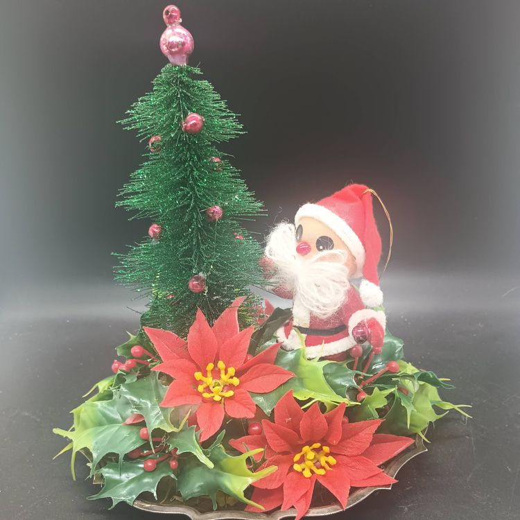 Handmade Christmas Assemblage, Santa, Plastic Fantastic, Kitsch Mercury Beads, Silverplate Tray
