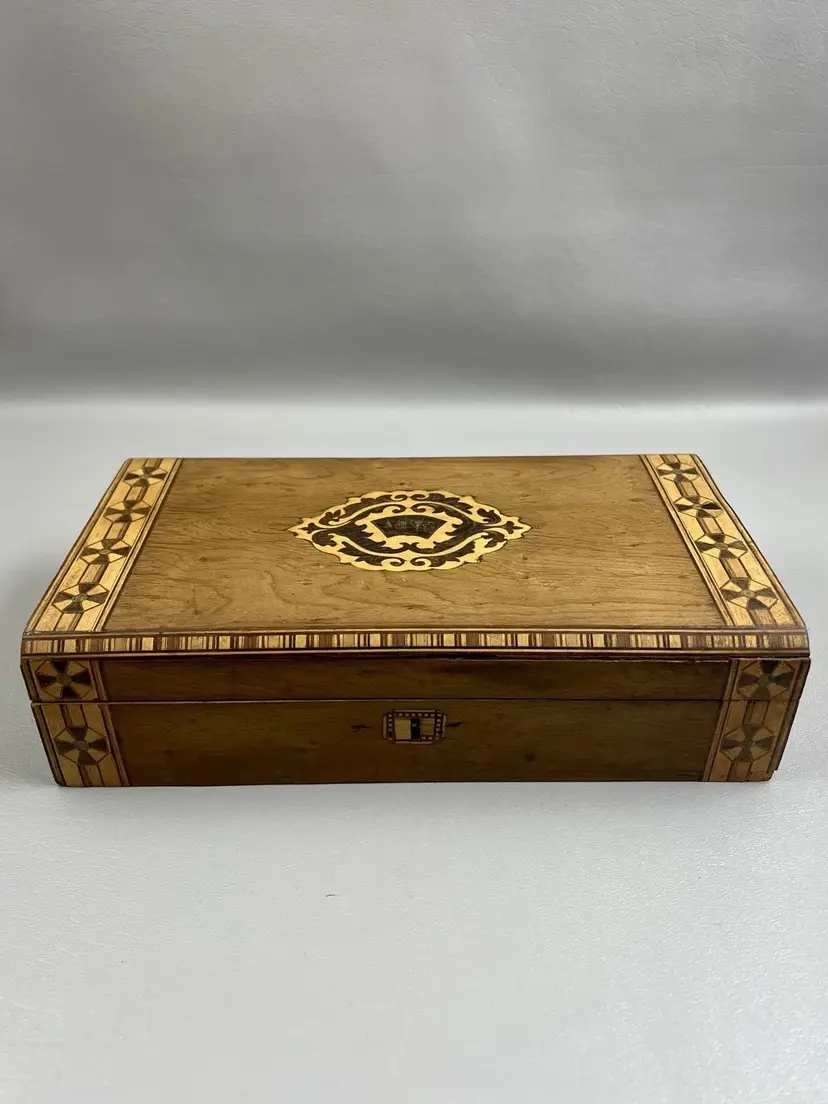 Antique Inlaid Wood Card Game Box Set With Chips, With 4 Inner Boxes