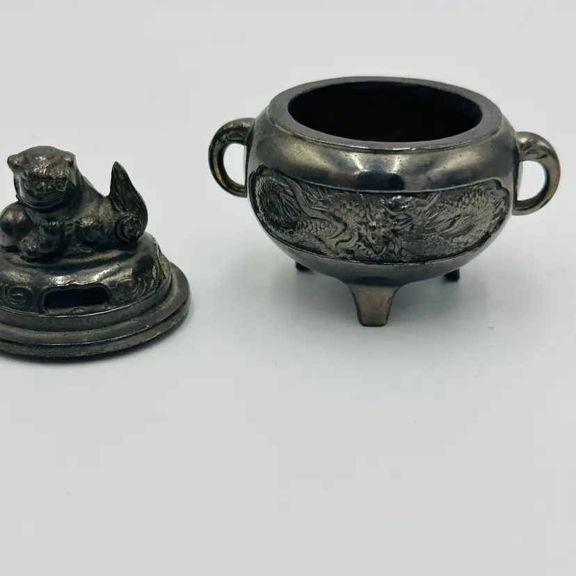 Japanese Foo Dog Incense Burner Black Bronze Vintage 4in Tall Lidded Metal Decor