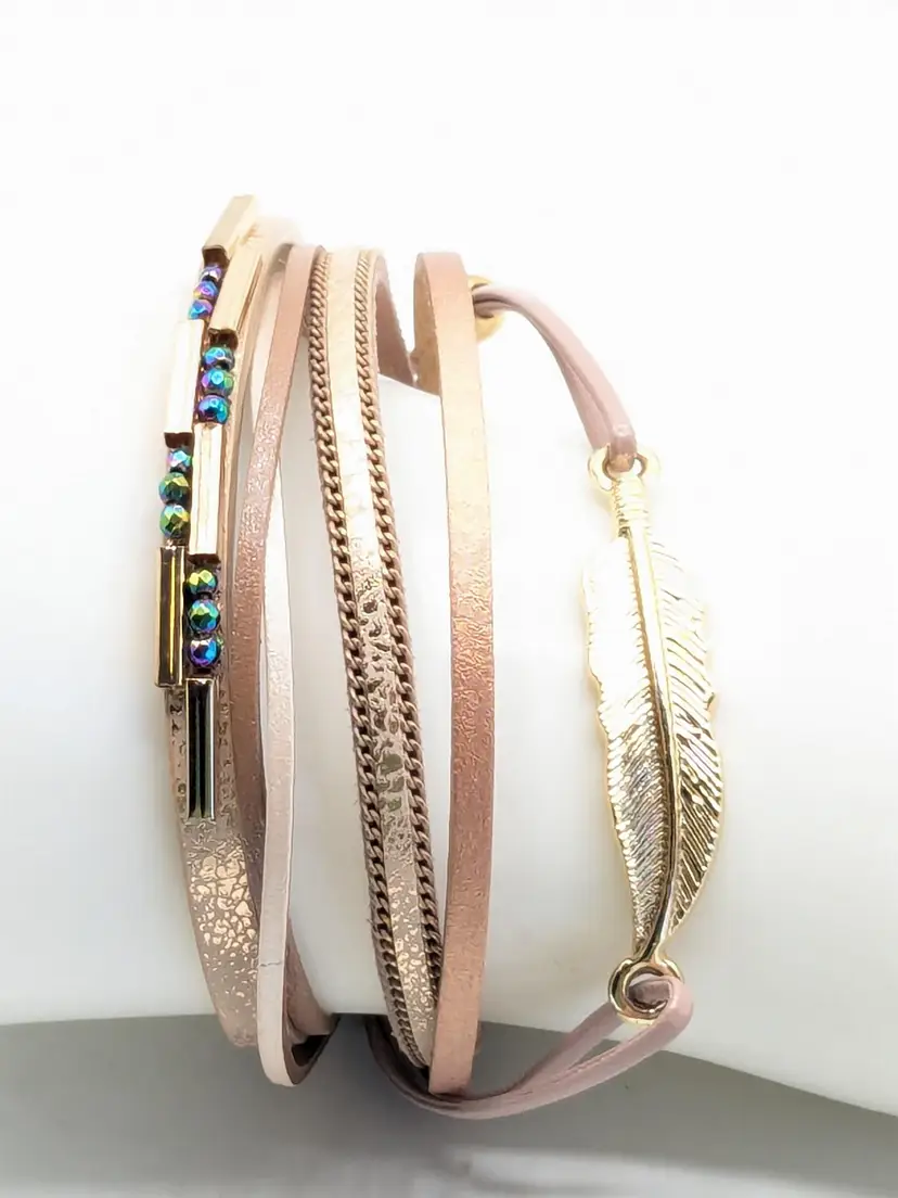 Leather Wrap Magnet Bracelet Feather Charm Colorful Beads Boho